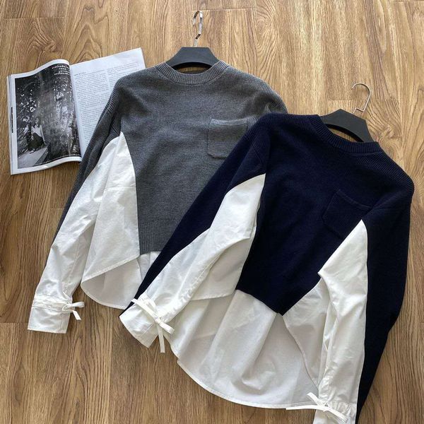 

shirt long stitching princess sleeve fake two-piece sweater 7mqi, White
