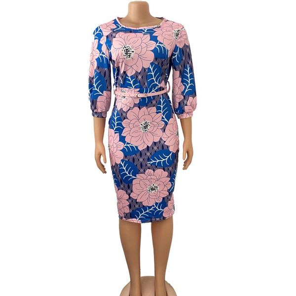 

2021women bodycon printed dress three quarter sleeves midi office ladies work wear elegant classy vestidos african female plus size, Black;gray