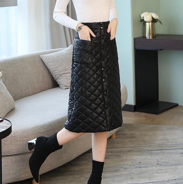 

skirts 2021 women fashion single-breasted solid clothes down feather high waist skirt girl winter warm long faldas saia funny, Black