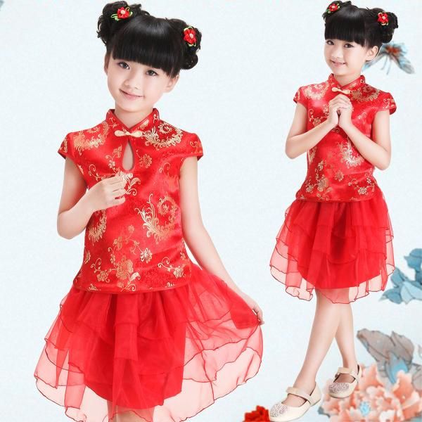 

girl's dresses fashion chinese style traditional cheongsam costume dress girls tang suit qipao princess party performance, Red;yellow