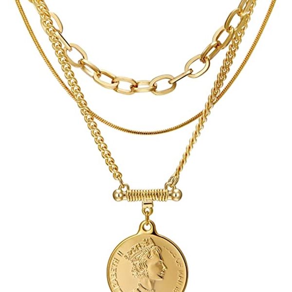 

layered necklace for women 18k gold plated, multilayer coin medallion pendant necklac layering chain set for women, Silver