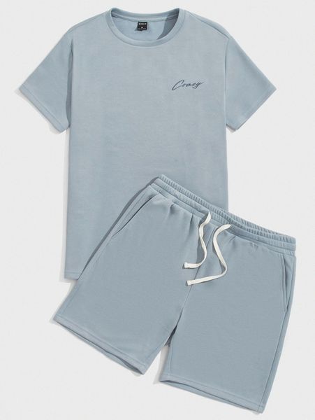 

men letter embroidery tee & drawstring waist shorts set g204#, Gray