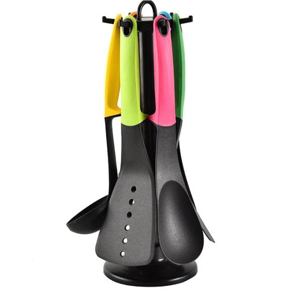

kitchen storage & organization 6pcs/set non stick food grade safe ergonomic shovel spaghetti spoon cooking utensil set with rotating stand
