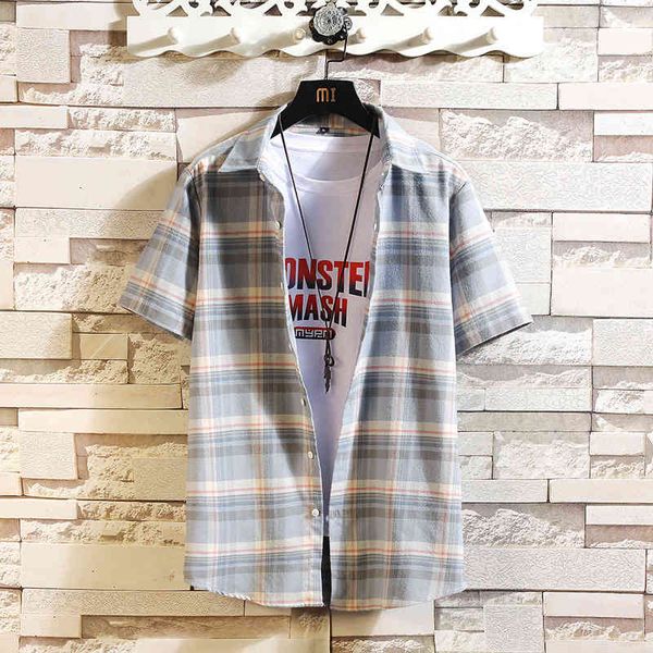 

2021 xingshang summer new youth stripe plaid trend short sleeve shirt men's loose large casual, White;black