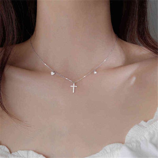 

925 sterling silver crystal cross heart star charm pendant choker necklace for women girls statement jewelry dz875