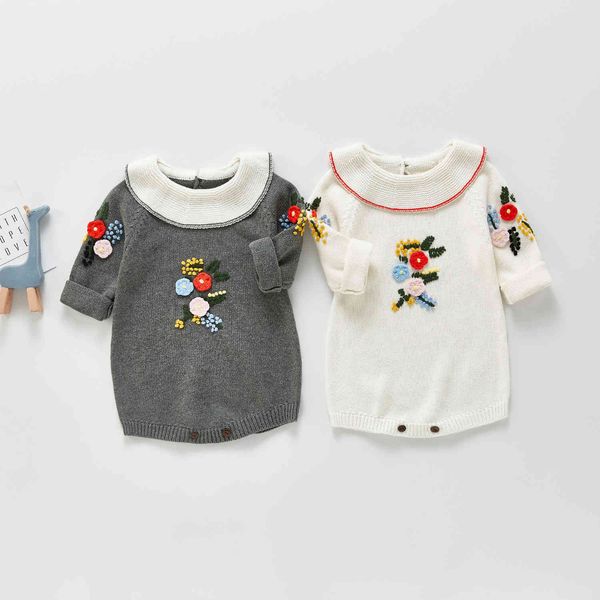 

spring girl long sleeve bodysuits newborn knitted overalls and jumpsuits baby handmade woolen embroidery knitted clothes 0-3t 210413, White