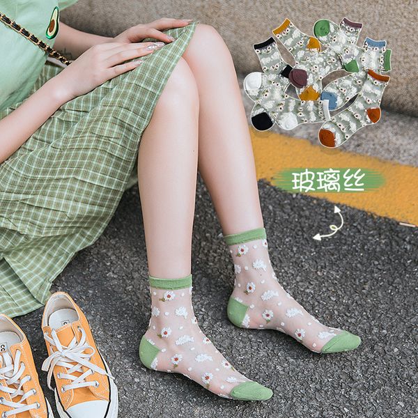 

spring and daisy cass tube thin summer glass silk women's socks, Black;white