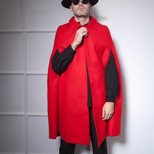 

men's wool & blends big red mid-length shawl cape european and american male nightclub hip-hop bar host woolen coat, Black