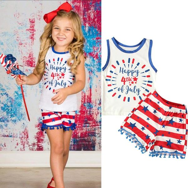 

clothing sets 4th of july outfit girls summer clothes set american independence day sleeveless tassel shorts 2pc kid girl, White