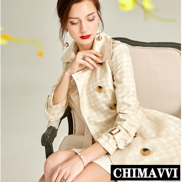 

women's trench coats autumn lapel double breasted noble houndstooth ultra-long windbreakers british style luxury lady coat, Tan;black