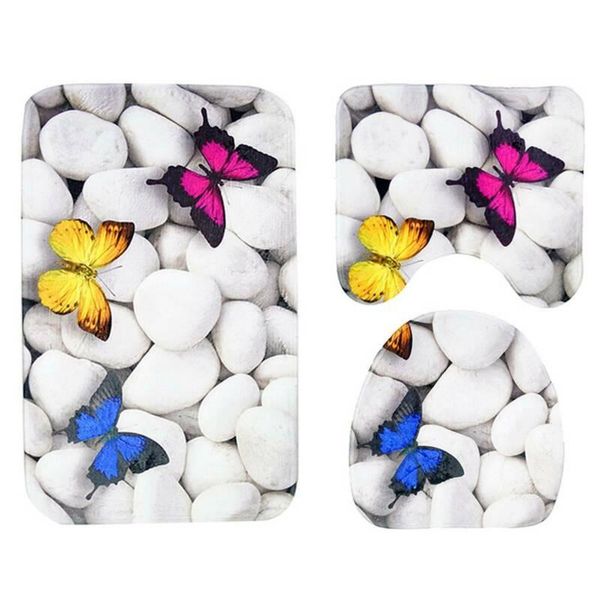 

stone butterfly printed bath mat set non-slip pedestal mats toilet bathroom rugs home decor 3pcs carpet sets