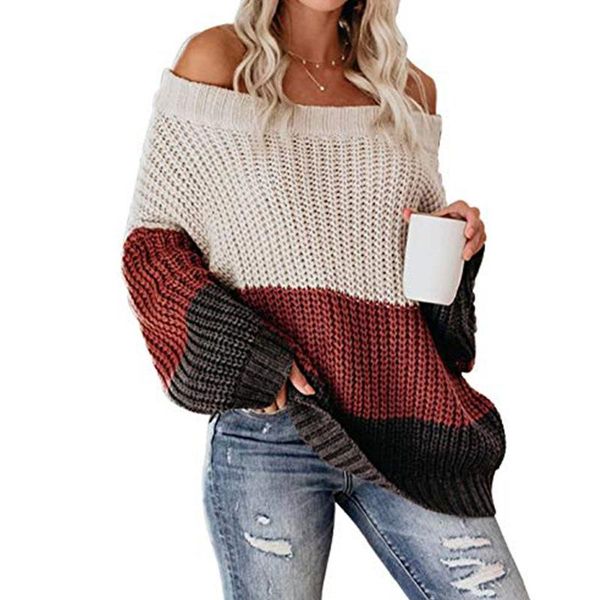 

women's sweaters slashneck long sleeve sweater women 2021 autumn winter patchwork off shoulder casual loose harajuku ladies pullover sj, White;black