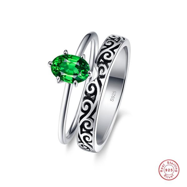 

cluster rings women's 925 sterling silver proposal wedding ring green emerald oval vintage engrave flower, Golden;silver