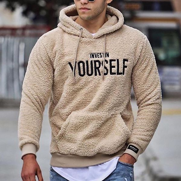 

men's hoodies & sweatshirts autumn and winter warm menÂ´s wool hooded letter print pullover kangaroo pocket fleece, Black