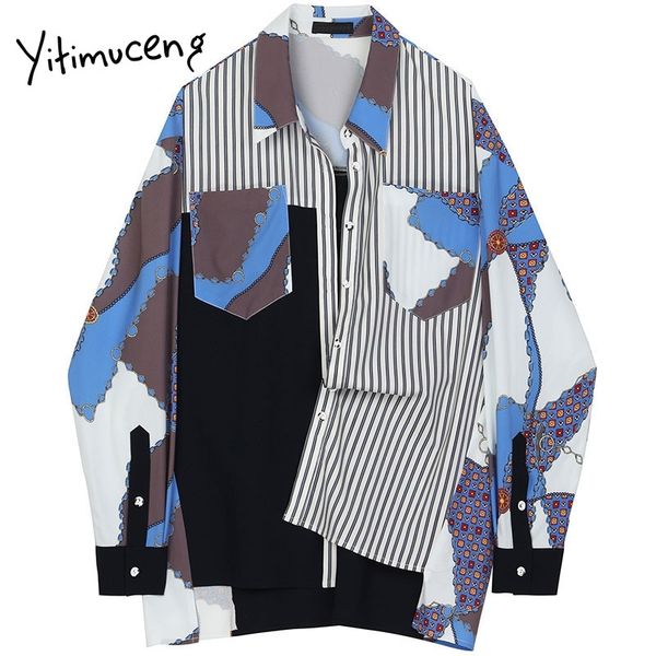 

yitimuceng striped printing blouse women long sleeve button up shirts straight spring fashion turn-down collar 210601, White