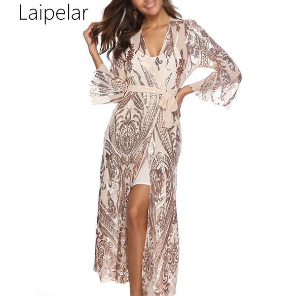 

women's jackets women formal long coat v-neck sleeve split lace-up sequin one piece see through elegant jacket party open stitch, Black;brown