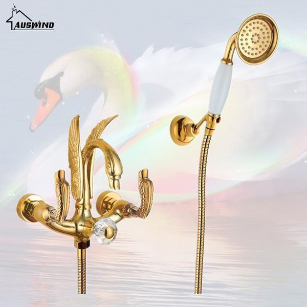 

luxury polish mixer taps all copper golden swan bath shower double handle bathtub faucet set out wall mounted bathroom sets
