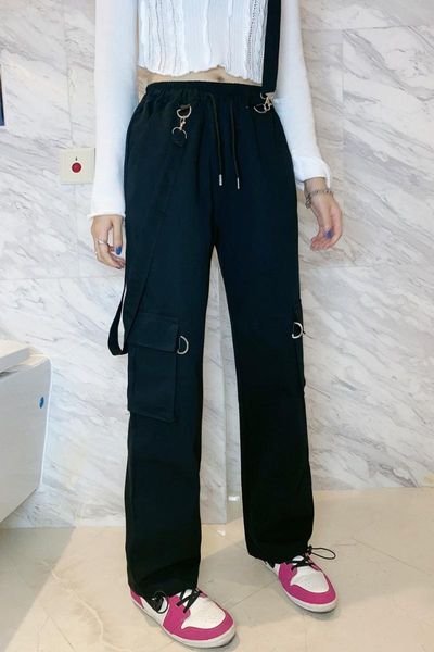 

women's pants & capris fried street black overalls high waisted design pocket straight casual loose and thin bf harem pant trousers, Black;white