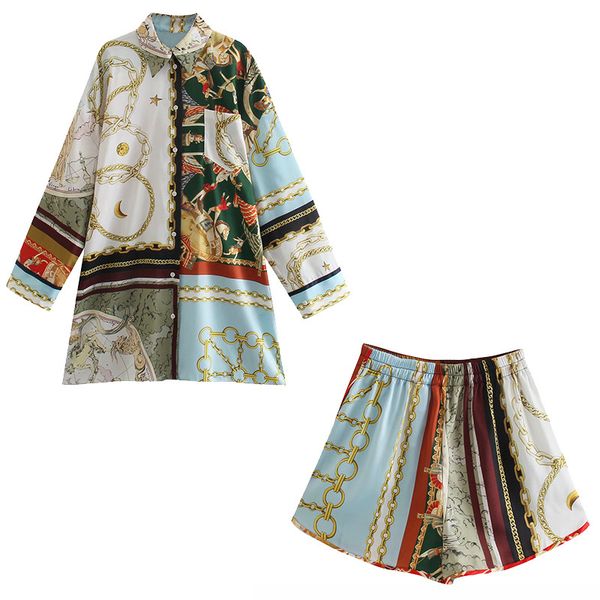 

women 2 pieces patchwork set print long sleeve turn-down collar shirt shorts suit female fashion casual clothes 210517, White
