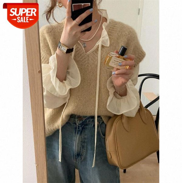 

korean loose v-neck women wearing inner vests, thin, outer knit winter all-match #kw92, White