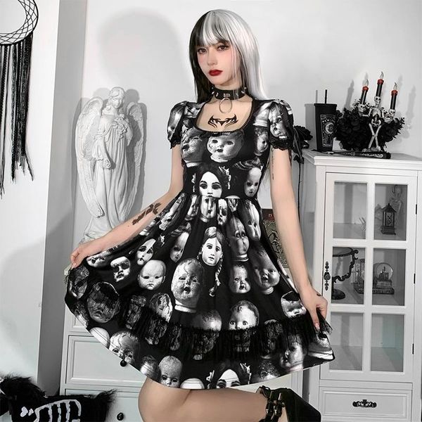 

casual dresses gothic style women's dress grunge face print lolita high waist lace mini short sleeve cosplay, Black;gray