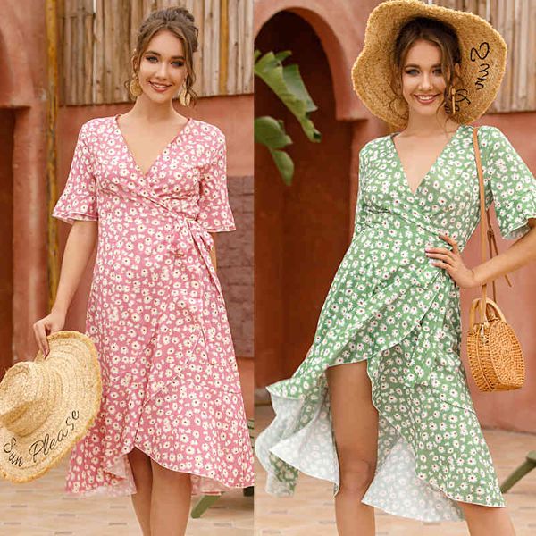 

oufisun new summer deep v neck beach women dress casual boho flower print tunic dresses fahion split irregular ladies dress 210423, Black;gray