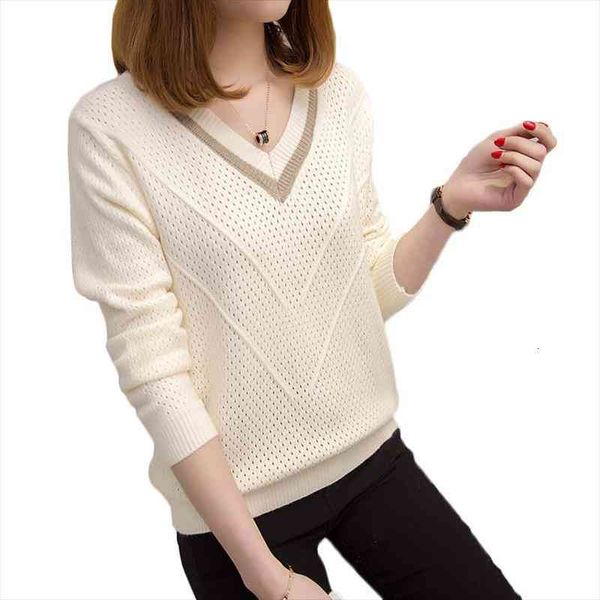 

women sweaters and pullovers spring autumn korean hollow sweaters womens loose knitted sweater female v-neck pullover, White;black