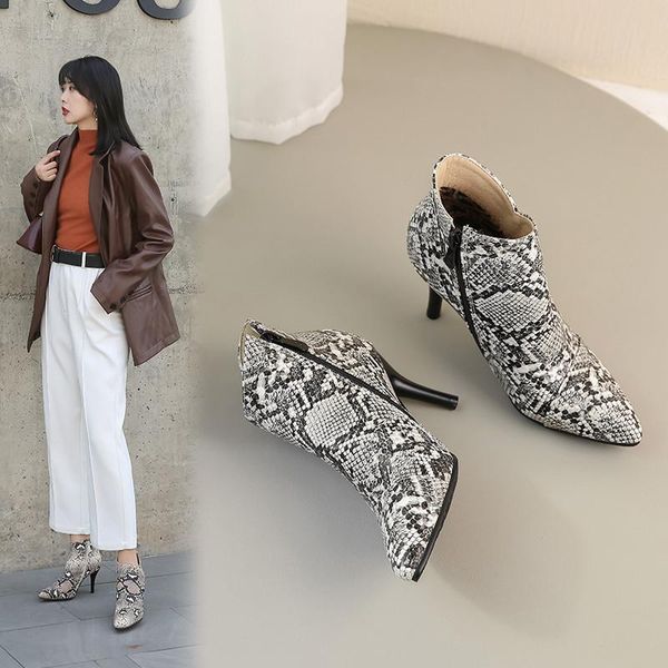 

boots yqbtdl 2021 autumn snake print shoes female pointed toe high heels black ankle stiletto booties woman footwear 34-43