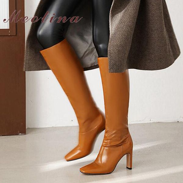 

meotina women knee-high boots shoes square toe chunky heels long boots extreme high heel slip-on ladies boots winter black 43 210520