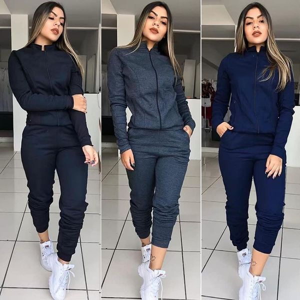 

women's two piece pants women set autumn spring clothes solid color long sleeve zipper jacket coat and workout joggers female streetwea, White