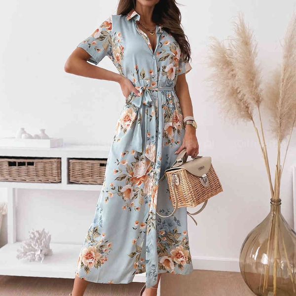 

bohemian shirt casual green print women dress summer beach lace-up maxi dresses party v-neck floral long dress vestidos 210514, Black;gray