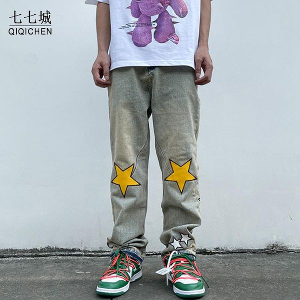 

men's jeans high street men five-pointed star embroidery retro casual harajuku straight washed oversize loose denim trousers 2021, Blue