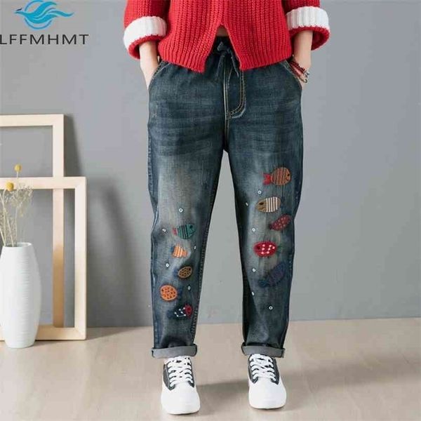 9221 primavera outono moda vintage desenho animado peixe bordado denim cintura elástica mulheres harem jeans escritório senhora folga azul calça 210809
