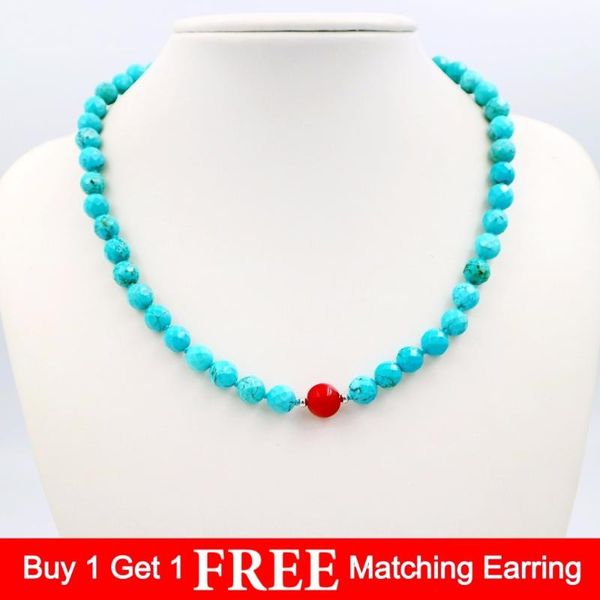 

natural stone blue color turquoises 8mm faceted beads&red coral 9-10mm round beads magnet clasp fashion necklace 18''/45cm chains, Silver