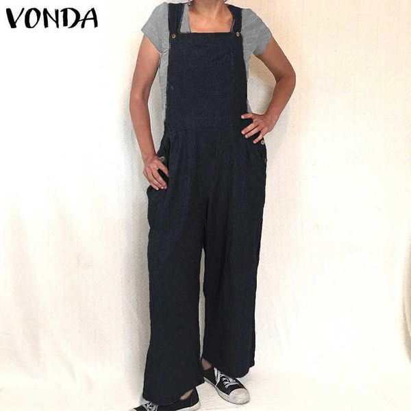 

women's jumpsuits & rompers vonda womens jumpsuit 2021 summer autumn cotton long playsuit casual loose overall female solid wide leg pa, Black;white