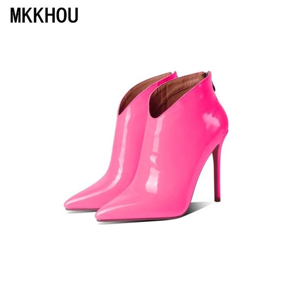 

fashion short boots women spring patent leather pointed toe stiletto 12cm high heel ankle large size 34-43, Black