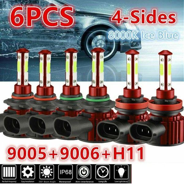 

car headlights 6pcs 9005+9006+h11 combo led headlight fog kits bulb 8000k blue high low beam