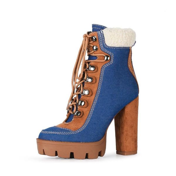 

boots 2021 summer large women's high heel platform ankle sky blue denim, Black