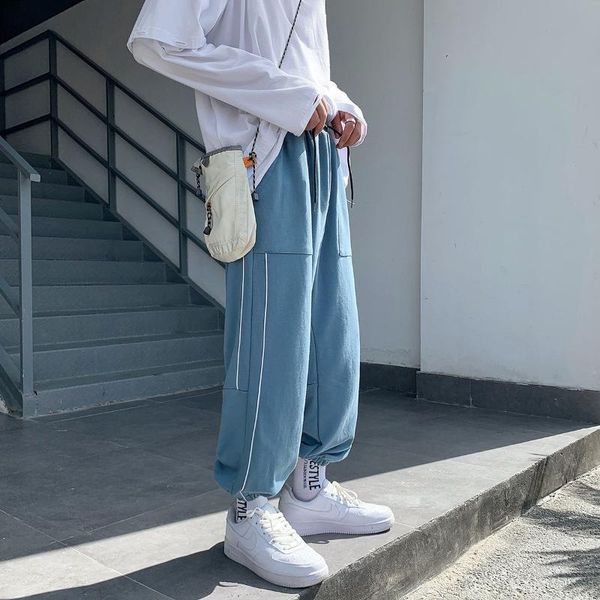 

autumn man's sports ankle-length straight leg side white line trousers loose casual pants s-2xl men's, Black