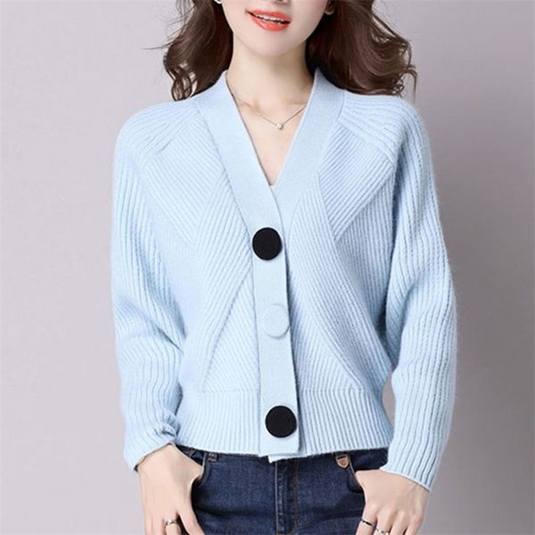 

batwing sleeve short knitted cardigan casual loose v-neck solid sweaters coat korean style large size knitwear female 210522, White
