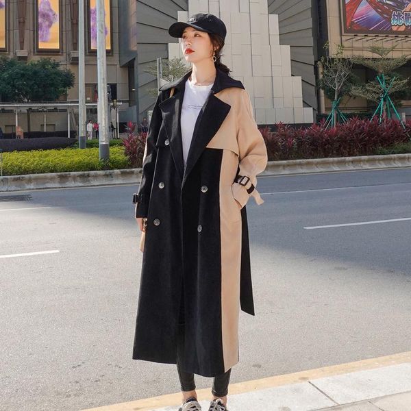 

fashion patchwork black-khaki trench coat double breasted long windbreaker with flaps belts female women's coats, Tan;black