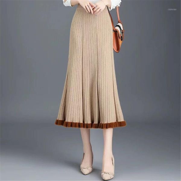 

skirts 2021 autumn and winter korean mid-length knitted bust skirt female umbrella high waist pleated, Black