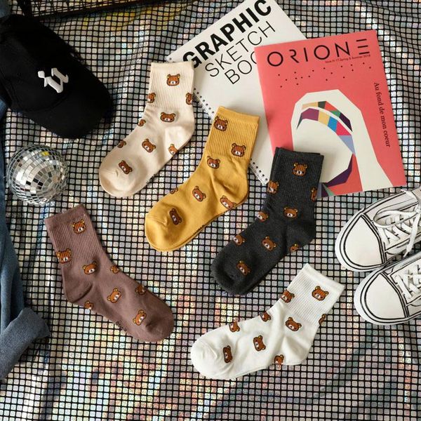 

cotton female socks harajuku cute cartoon women's pure calcetines and fashionable bear five colors of & hosiery, Black;white