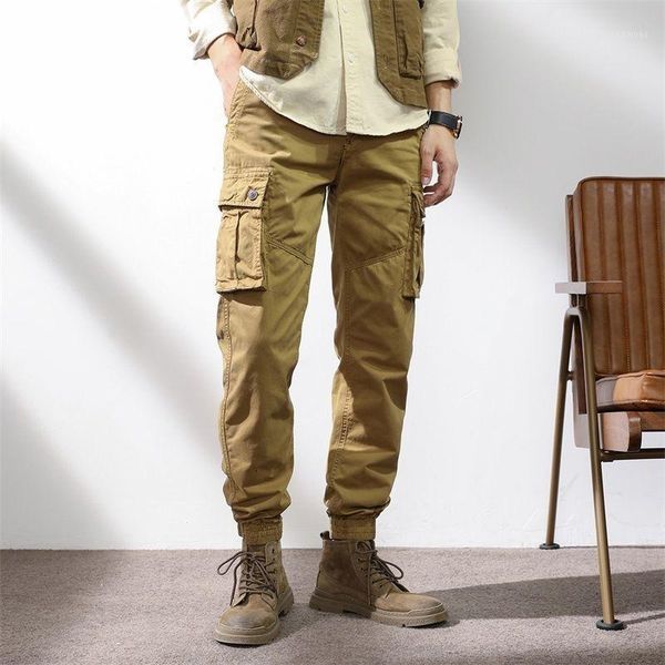 

men's pants autumn american washed cotton overalls loose multi pocket casual leggings, Black
