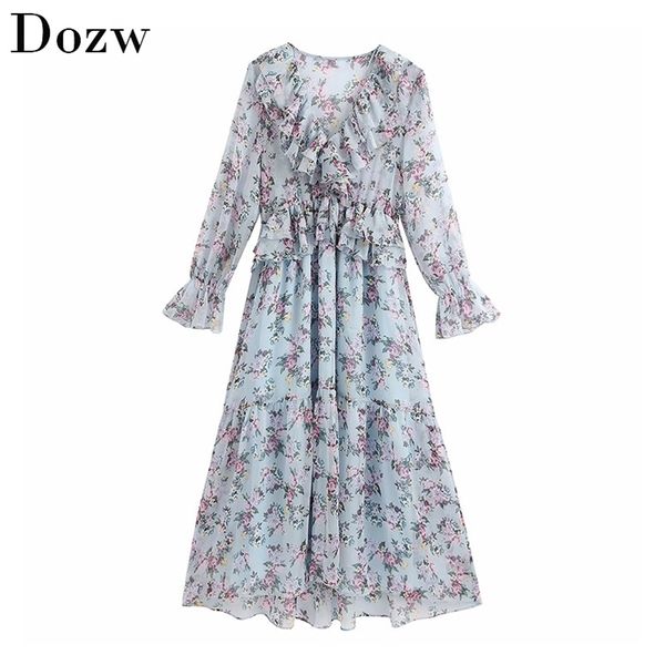 Mulheres elegante Floral Impressão Vestido Longo V Neck Rufles Vintage Senhora Transparente Butterfly Manga Moda Plissada 210515