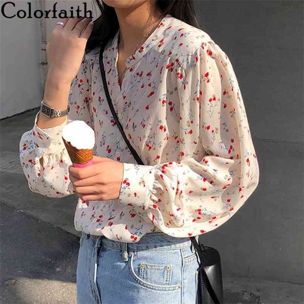 

spring summer women's blouse chiffon loose printed floral v-neck elegant casual wild buttons long bl950 210427, White
