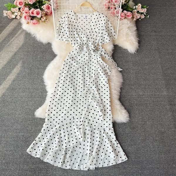 

casual dresses ftlzz summer slim short dress a line v neck elegant chiffon polka dot women medium, Black;gray