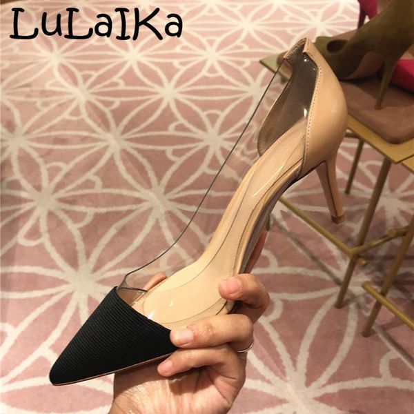 

dress shoes 2021 summer pointed pvc transparent sandals ladies fashion leather color matching fine heels elegant party high, Black
