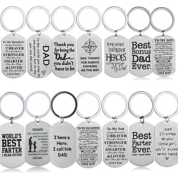 

keychains dad keyrings stainless steel dog tag engraved words charm pendant family daddy papa father's day gifts jewelry, Silver