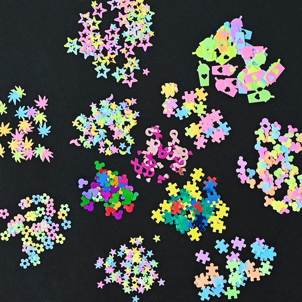 

nail art decorations 5g/bag irregular shape(leaf/moon/flower/five-pointed hollow star) fluorescent flakes polish manicure diy sequins, Silver;gold